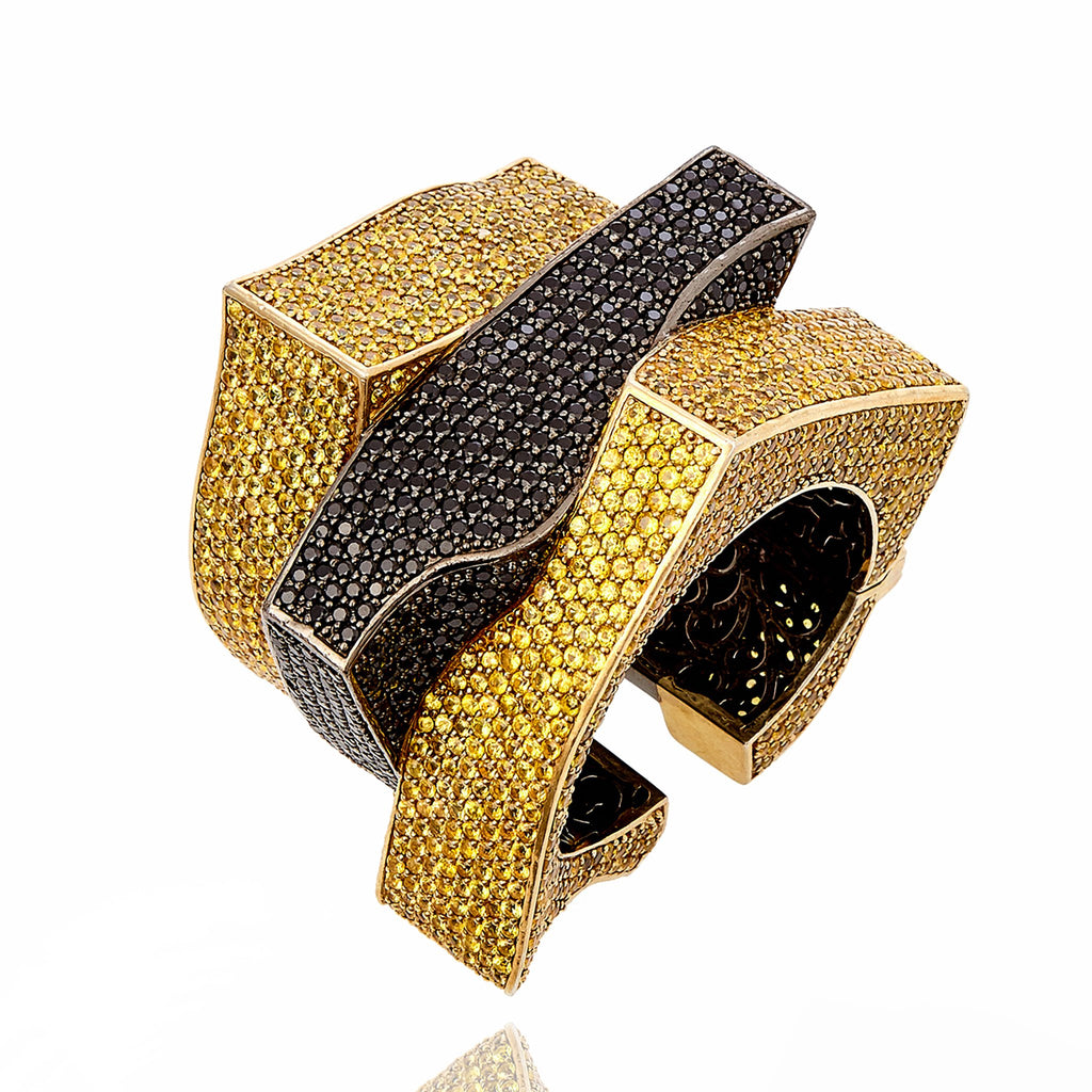 18K Gold-Plated Sterling Silver Cuff Bracelet With Black Spinel & Yellow Sapphires