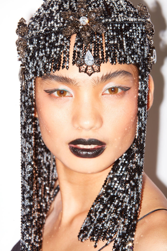 MCL Design Jeweled Beaded Black & White Headdress