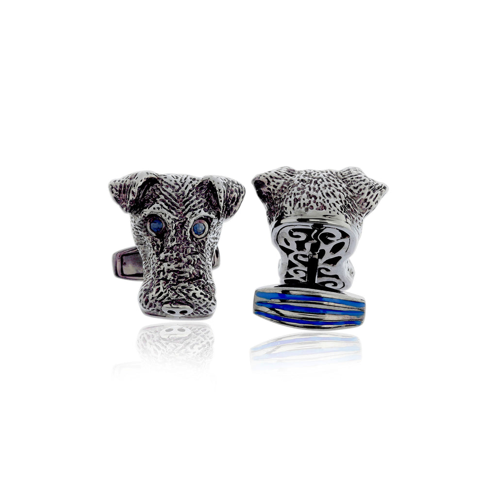 MCL Design Dog Cufflinks with French Blue Enamel & Blue Sapphires