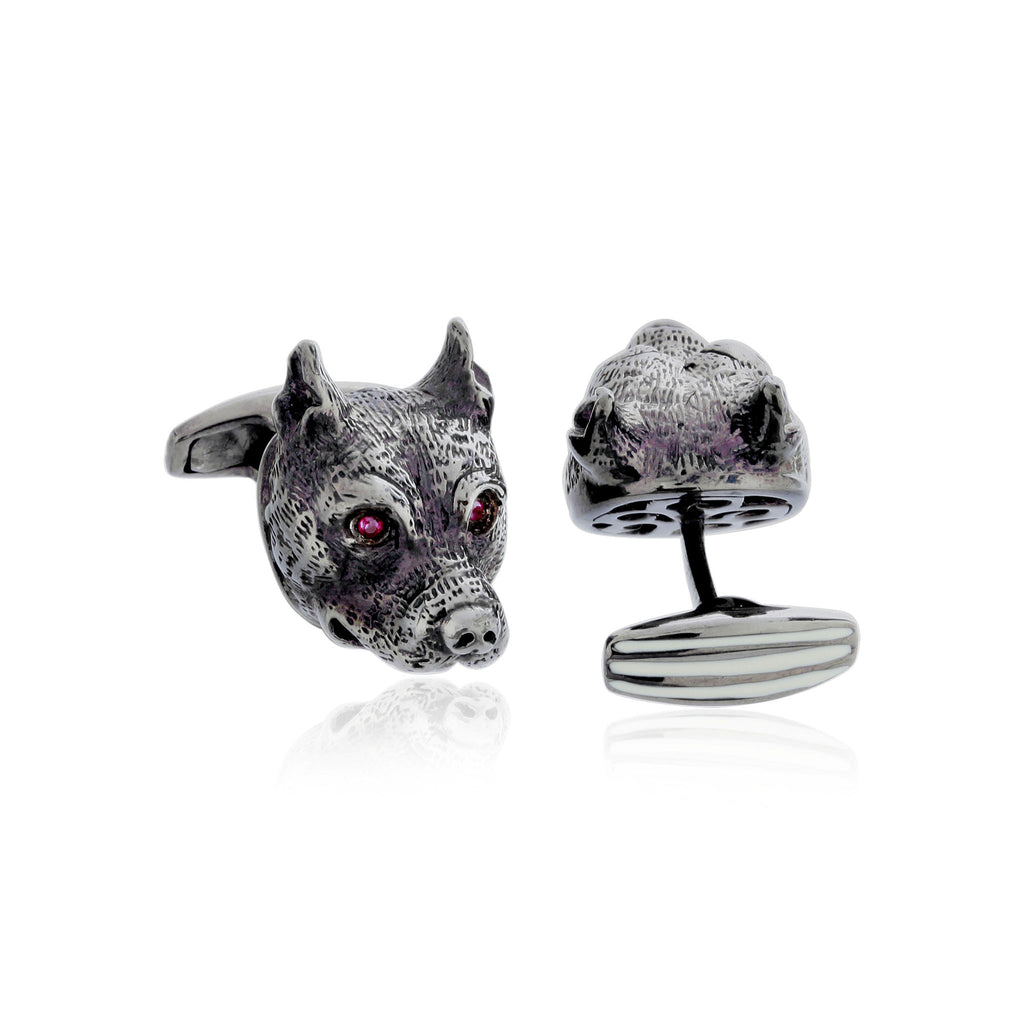 MCL Design Dog Cufflinks with White Enamel & Rubies