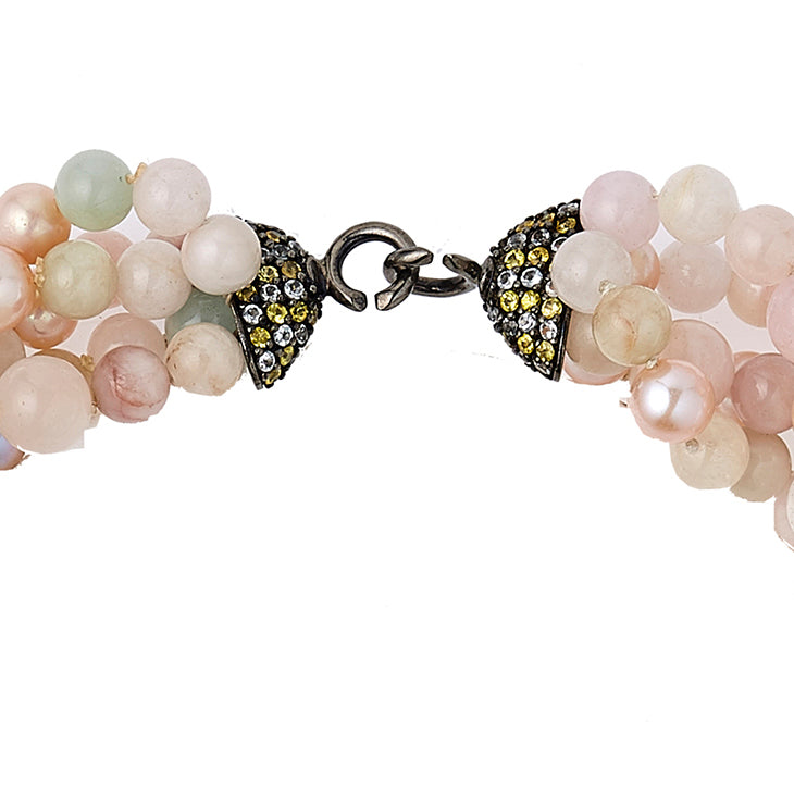 Morganite Beaded Statement Necklace with Sterling Silver, Mixed Yellow Sapphires & Pink Pearls