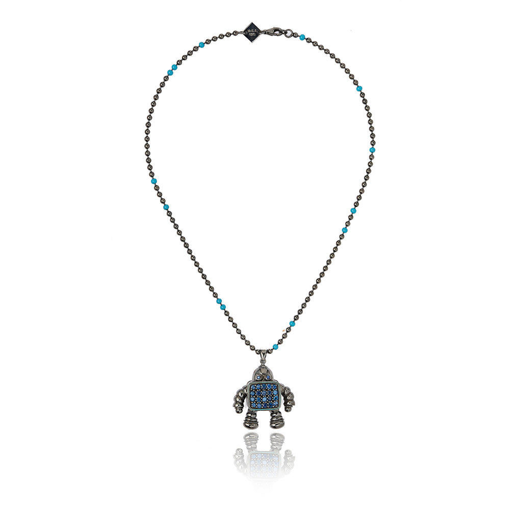 MCL Design Sterling Silver Robot Pendant with Winter Blue Enamel & Blue Sapphires