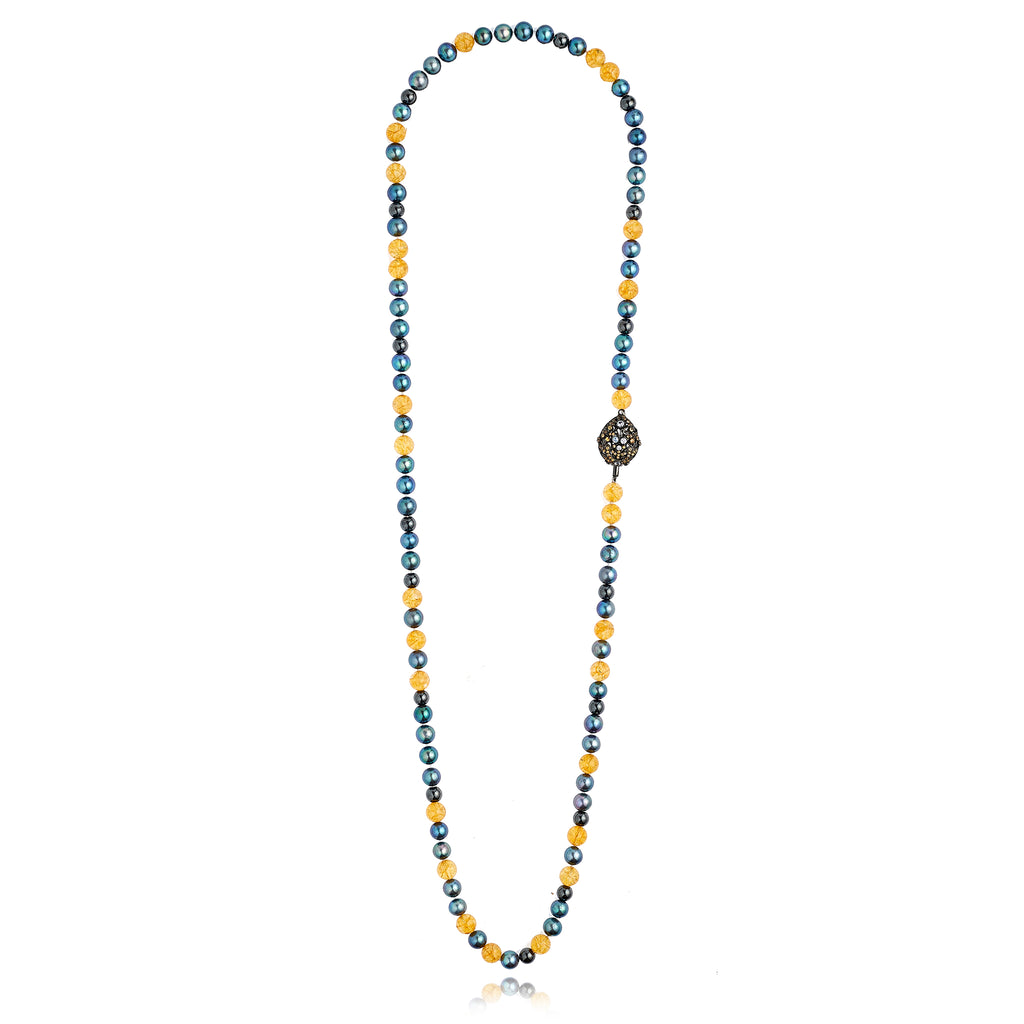Beaded Necklace with Sterling Silver, Orange Sapphires, White Zircon, Hematite Beads, Black Pearls & Citrine Beads