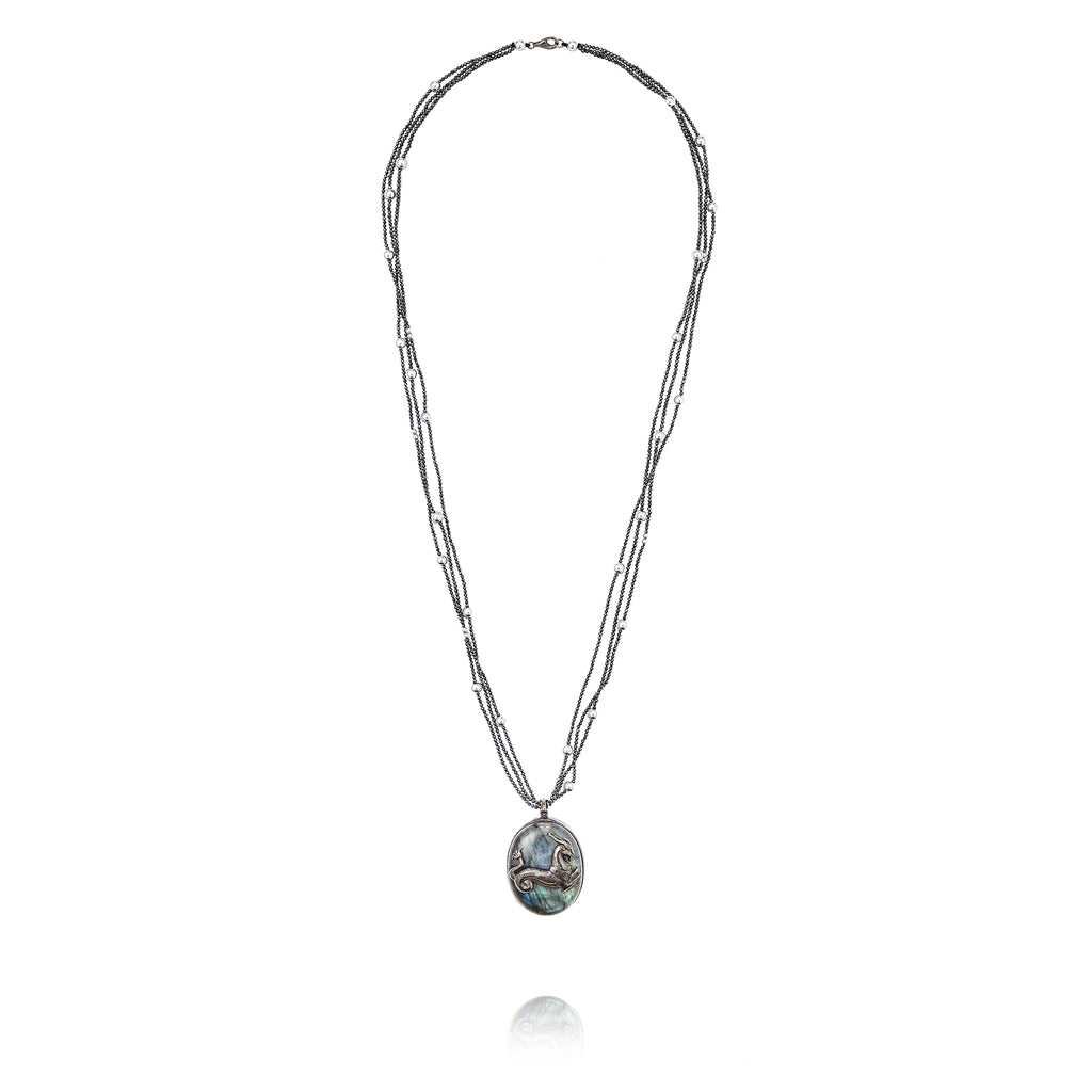 Sterling Silver Capricorn Pendant Necklace with Enamel, Mixed Sapphires & Black Spinel Beads