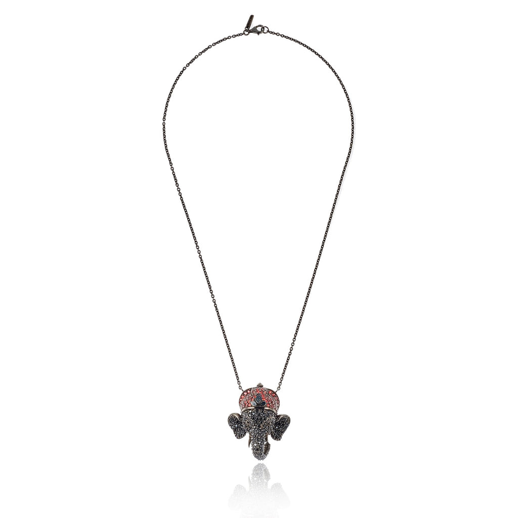 Handcrafted Silver Elephant Pendant Necklace with Aqua Glitter Enamel, Black Spinel & Red Sapphires