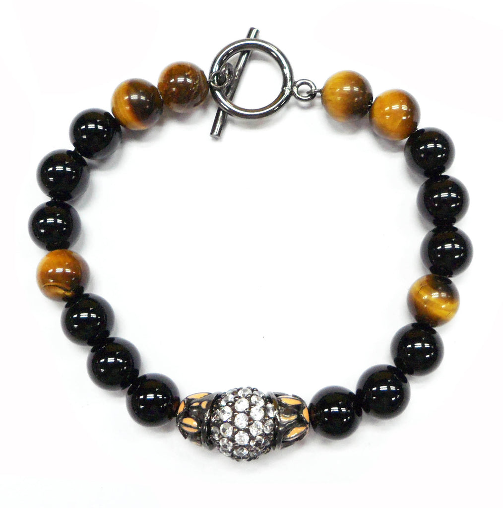Onyx & Tiger Beaded Bracelet with Sterling Silver, Peach Enamel & White Zircon