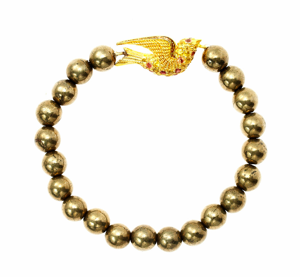 Pyrite Beaded Bracelet with Gold Plated Sterling Silver Dove, Gold Glitter Enamel & Warm Mixed Sapphires