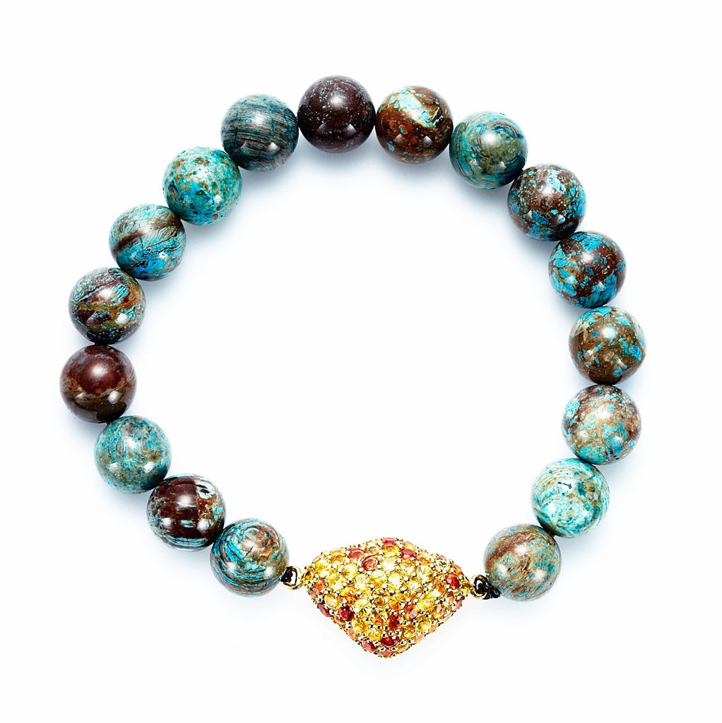 Chrysocolla Beaded Bracelet with Gold Plated Sterling Silver Charm set with Warm Mixed Sapphires