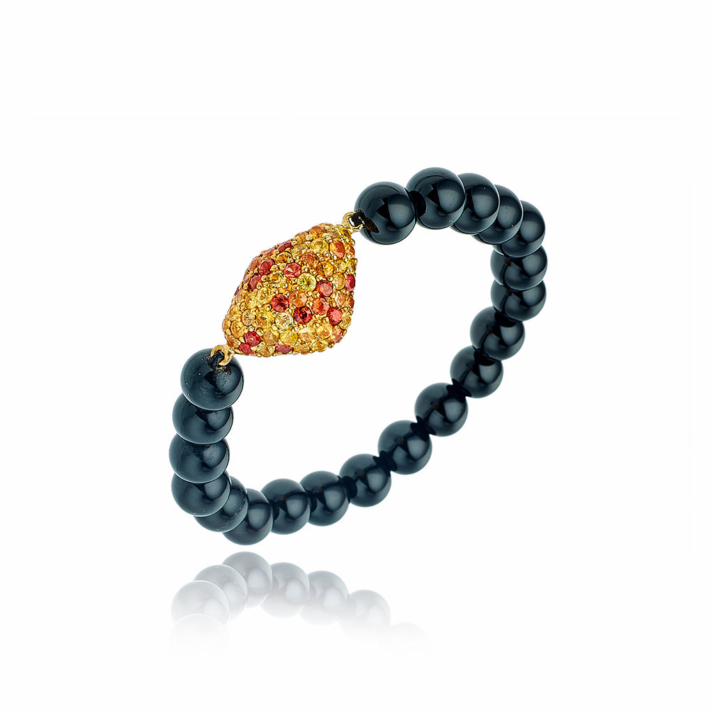Onyx Beaded Bracelet with Gold Plated Sterling Silver Charm set with Warm Mixed Sapphires