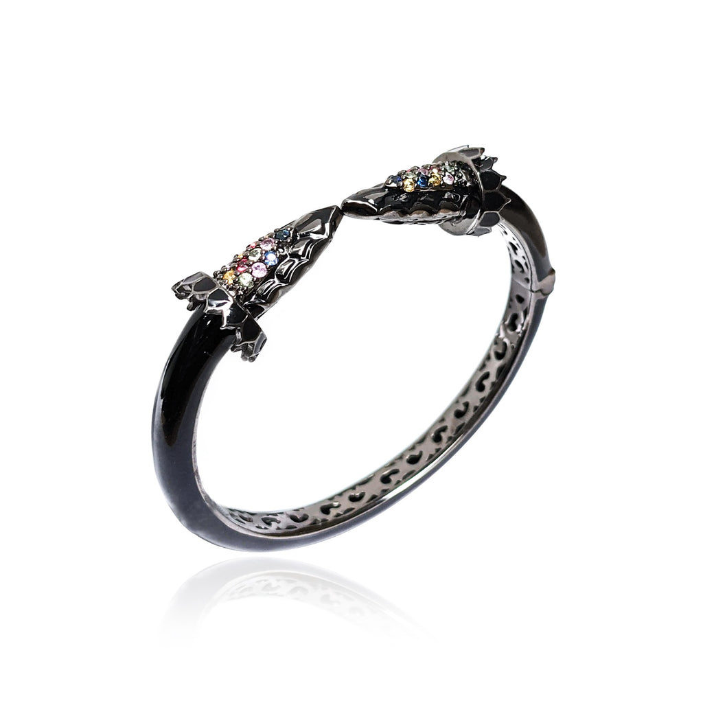 Sterling Silver Cuff Bracelet With Black Enamel & Mixed Sapphires