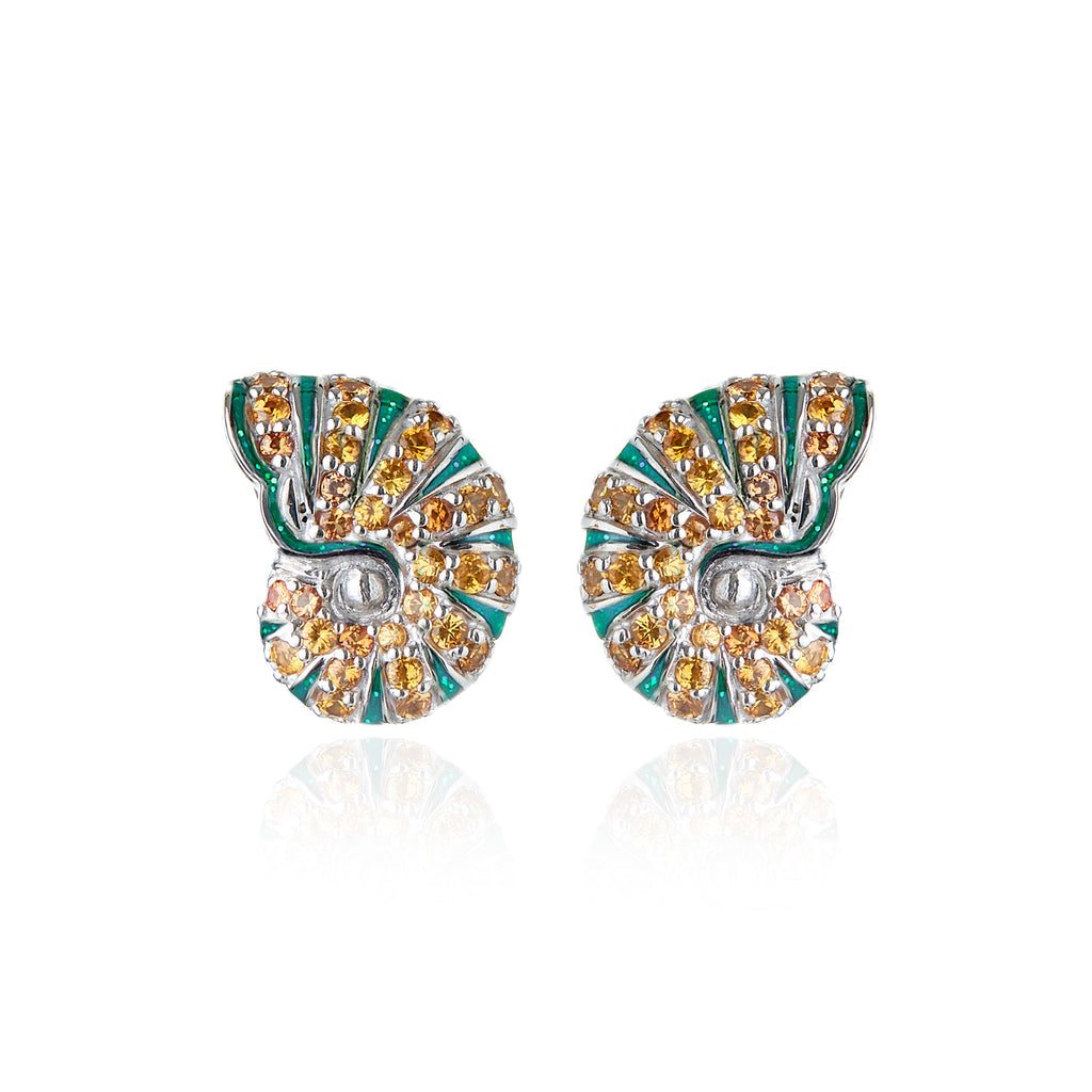 Sterling Silver Shell Earrings with Green Glitter Enamel & Orange Sapphires