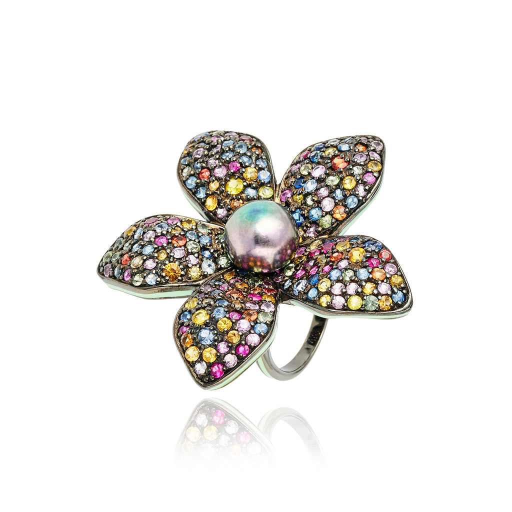 Flower Statement Ring With Ocean Green Enamel, Mixed Sapphires & Black Pearl