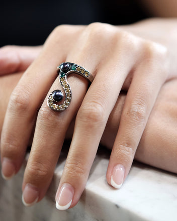 Green Agate & Yellow Sapphire Swirl Stack Ring with Black Pearls