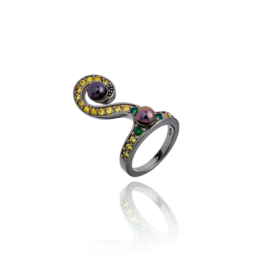 Green Agate & Yellow Sapphire Swirl Stack Ring with Black Pearls