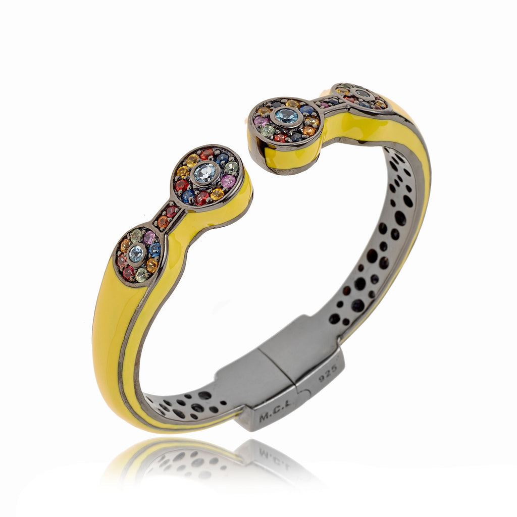 Sterling Silver Bangle Bracelet With Sunshine Yellow Enamel, Mixed Sapphires & Blue Topaz