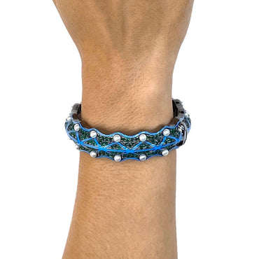 MCL Design Green Agate Bracelet with Blue Enamel and White Pearls