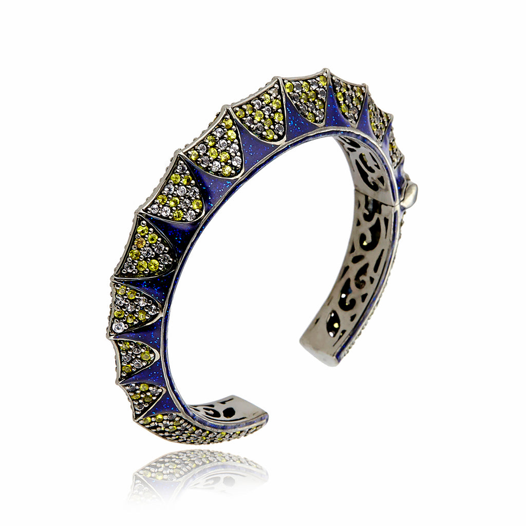 Sterling Silver Cuff Bracelet With Dark Blue Glitter Enamel & Mixed Yellow Sapphires