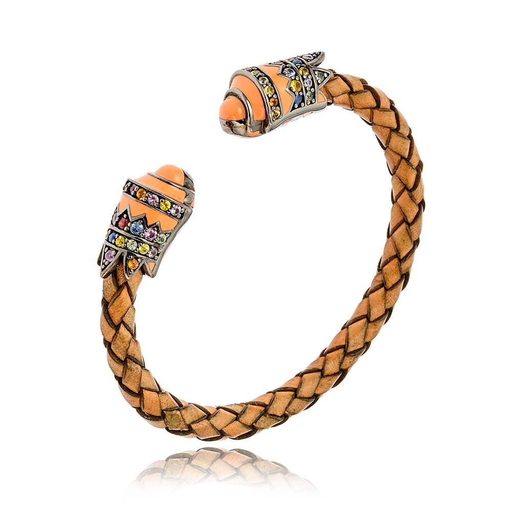 Orange Leather Wrapped Cuff Bracelet with Sterling Silver, Ivory Pink Enamel & Mixed Sapphires