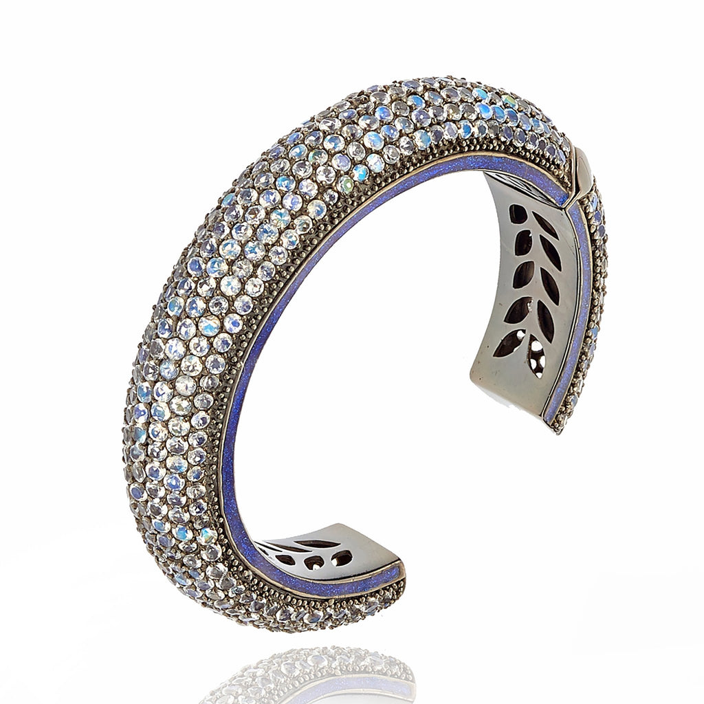 MCL Design White Rhodium Plated Sterling Cuff Bracelet With Glitter Gum Royal Blue Enamel Moon Stone