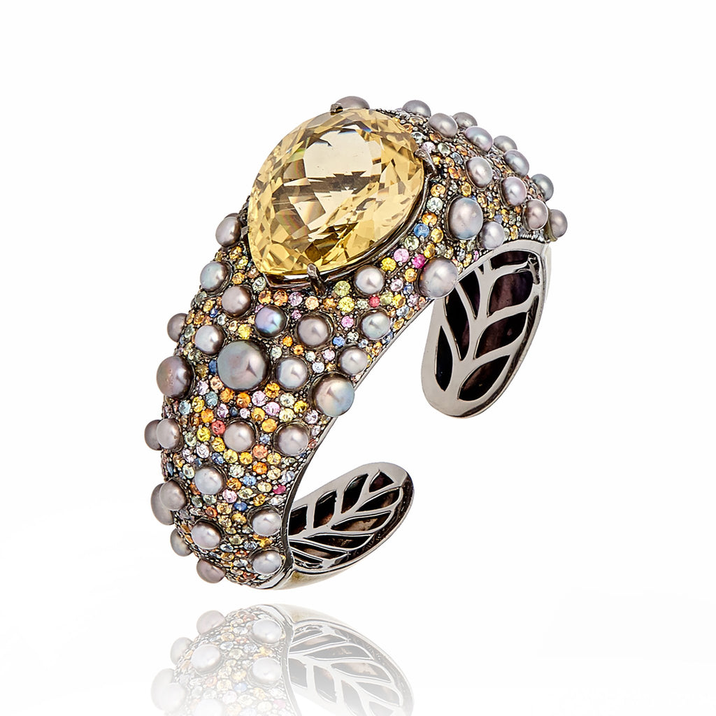 Sterling Silver Cuff Bracelet with Metallic Olive Enamel, Mixed Sapphires, Citrine & Black Pearls