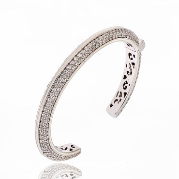 MCL Design White Rhodium Plated Sterling Cuff Bracelet Bangle With White Enamel White Topaz