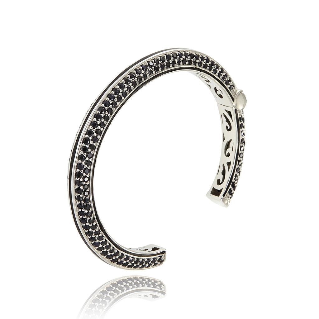 MCL Design White Rhodium Plated Sterling Silver Cuff Bracelet With Black Enamel & Black Spinel