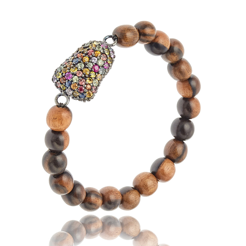 Wooden Bead Bracelet with Sterling Silver & Mixed Sapphires