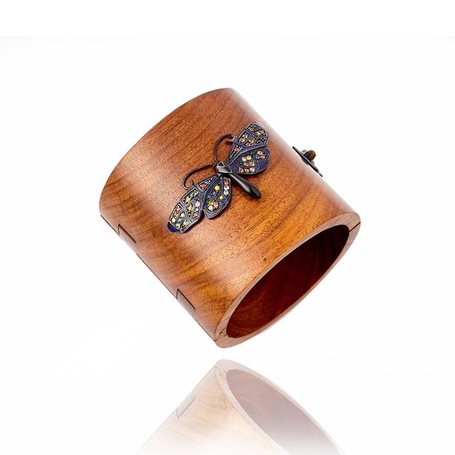 Wooden Bangle Bracelet with Sterling Silver Butterfly in Royal Blue Gum Glitter and Black Enamel & Mixed Sapphires