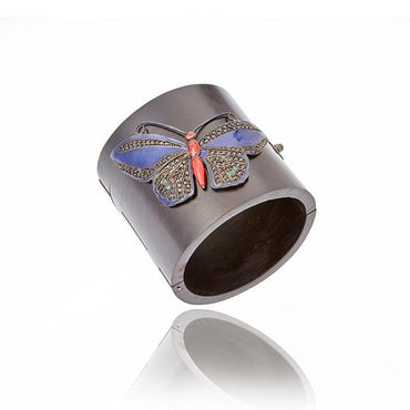 Wooden Cuff Bracelet with Sterling Silver Butterfly in Forest Green Glitter, Royal Blue Gum Glitter and Dark Purple Oil Enamels, with Black Spinel