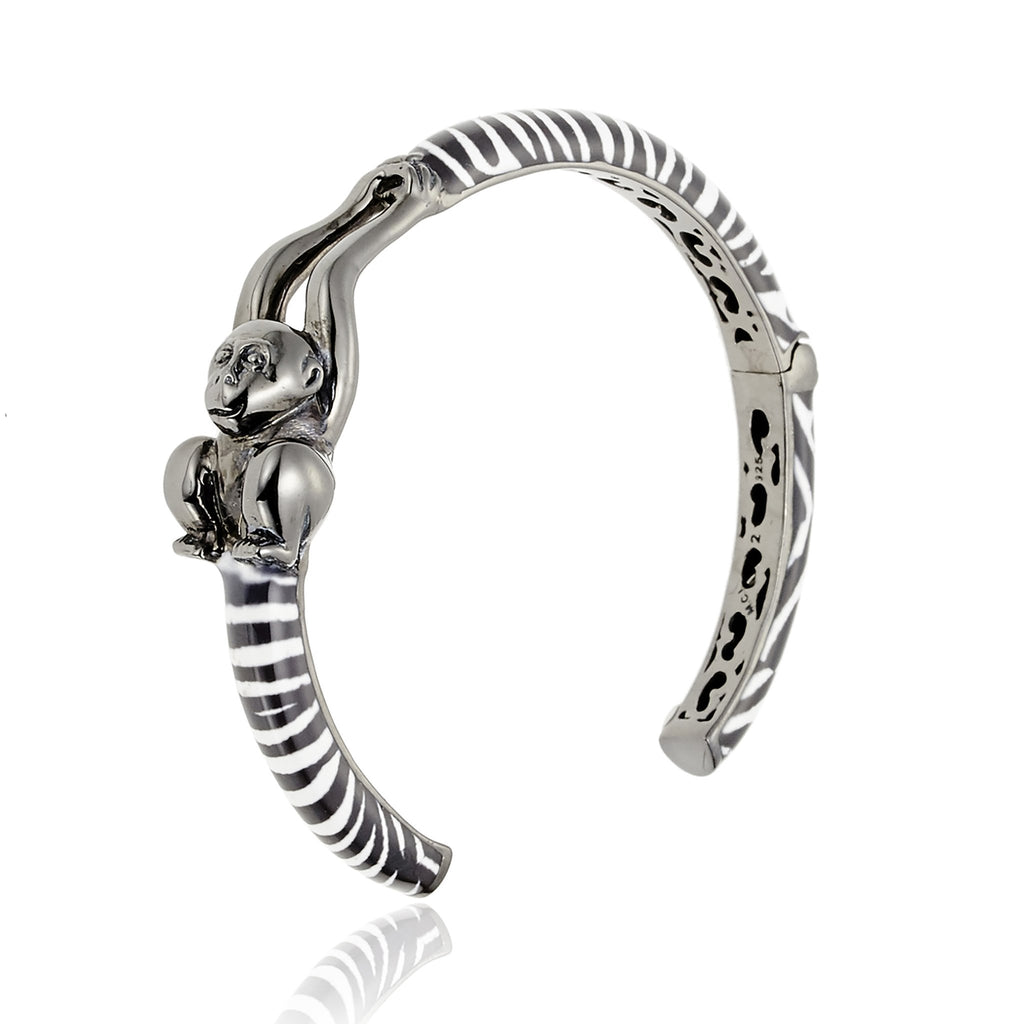 MCL Design Sterling Silver Monkey Sculpture Cuff Bracelet with Zebra Enamel