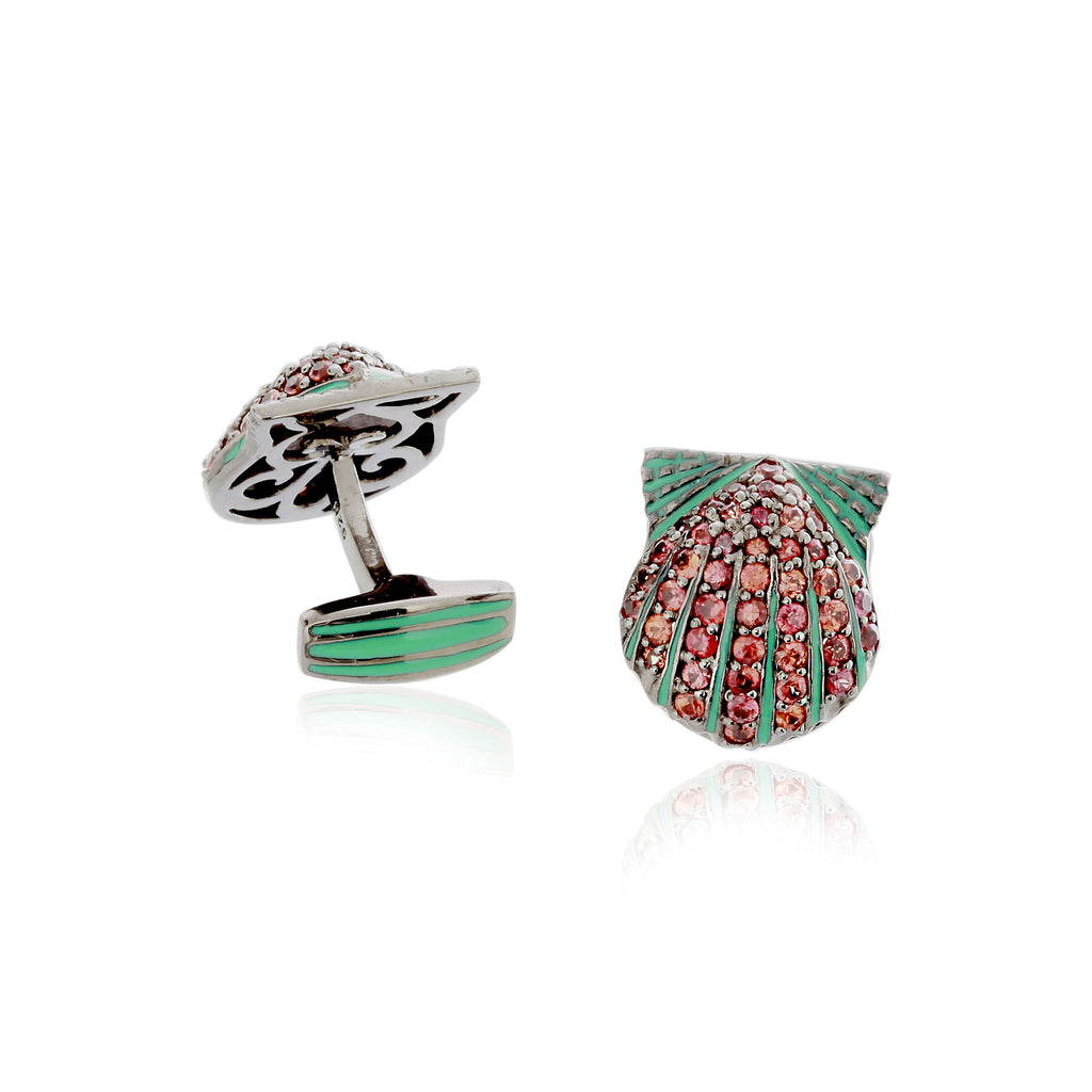 MCL Design Pave Clam Seashell Cufflinks with Green Enamel & Red Sapphires