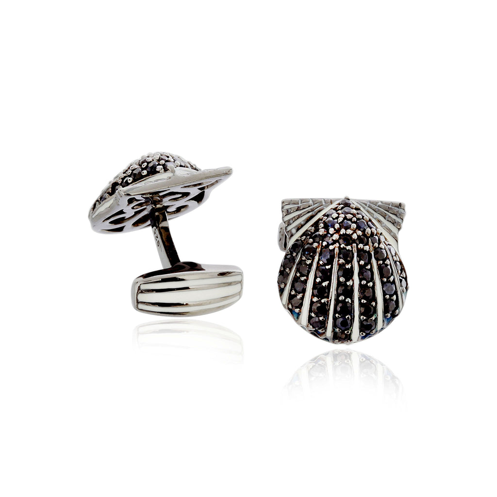 MCL Design Pave Clam Seashell Cufflinks with White Enamel & Black Spinel