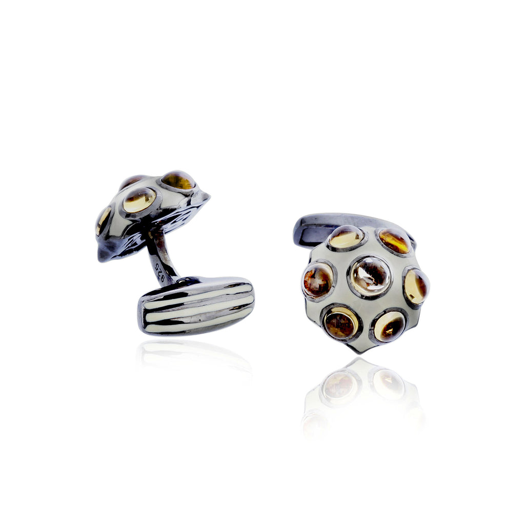 MCL Design Pave Button Cufflinks with White Enamel & Citrine