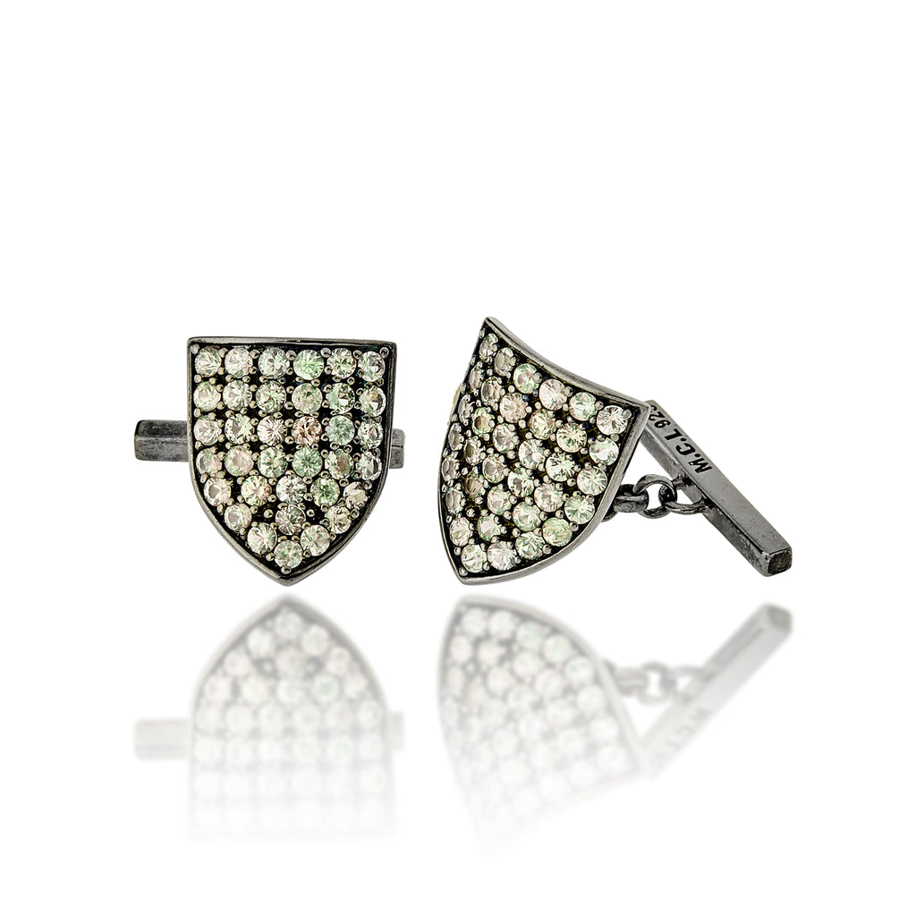 MCL Design Pave Shield Cufflinks with Green Sapphires