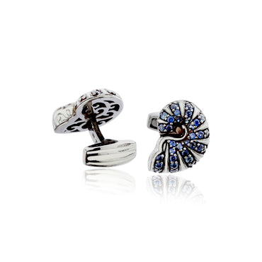 MCL Design Pave Seashell Cufflinks with White Enamel & Blue Sapphires