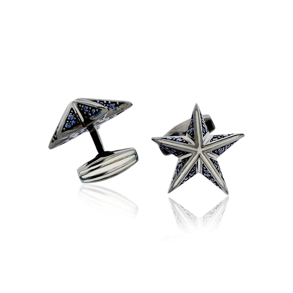 MCL Design Pave Star Cufflinks with White Enamel & Blue Sapphires