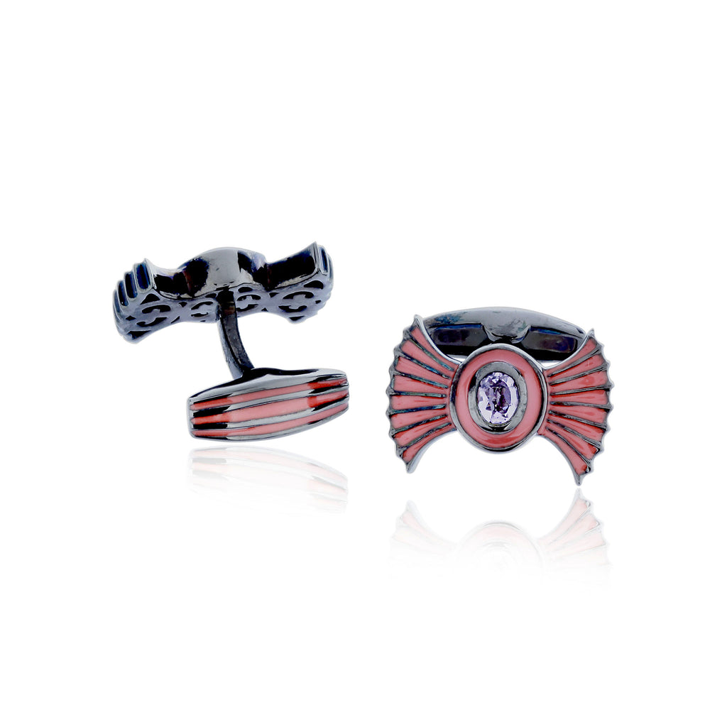MCL Design Bowtie Cufflinks with Coral Pink Enamel & Amethyst