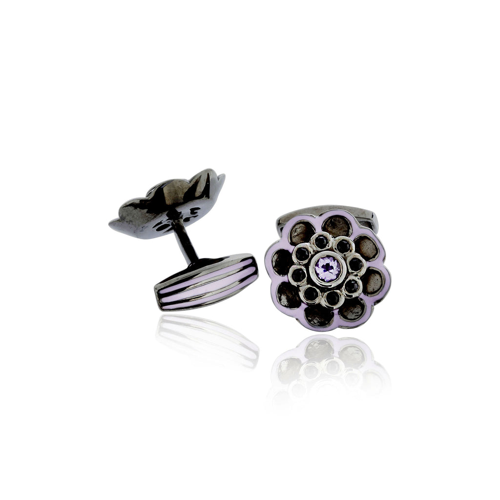 MCL Design Flower Cufflinks with Light Purple Enamel & Black Spinel