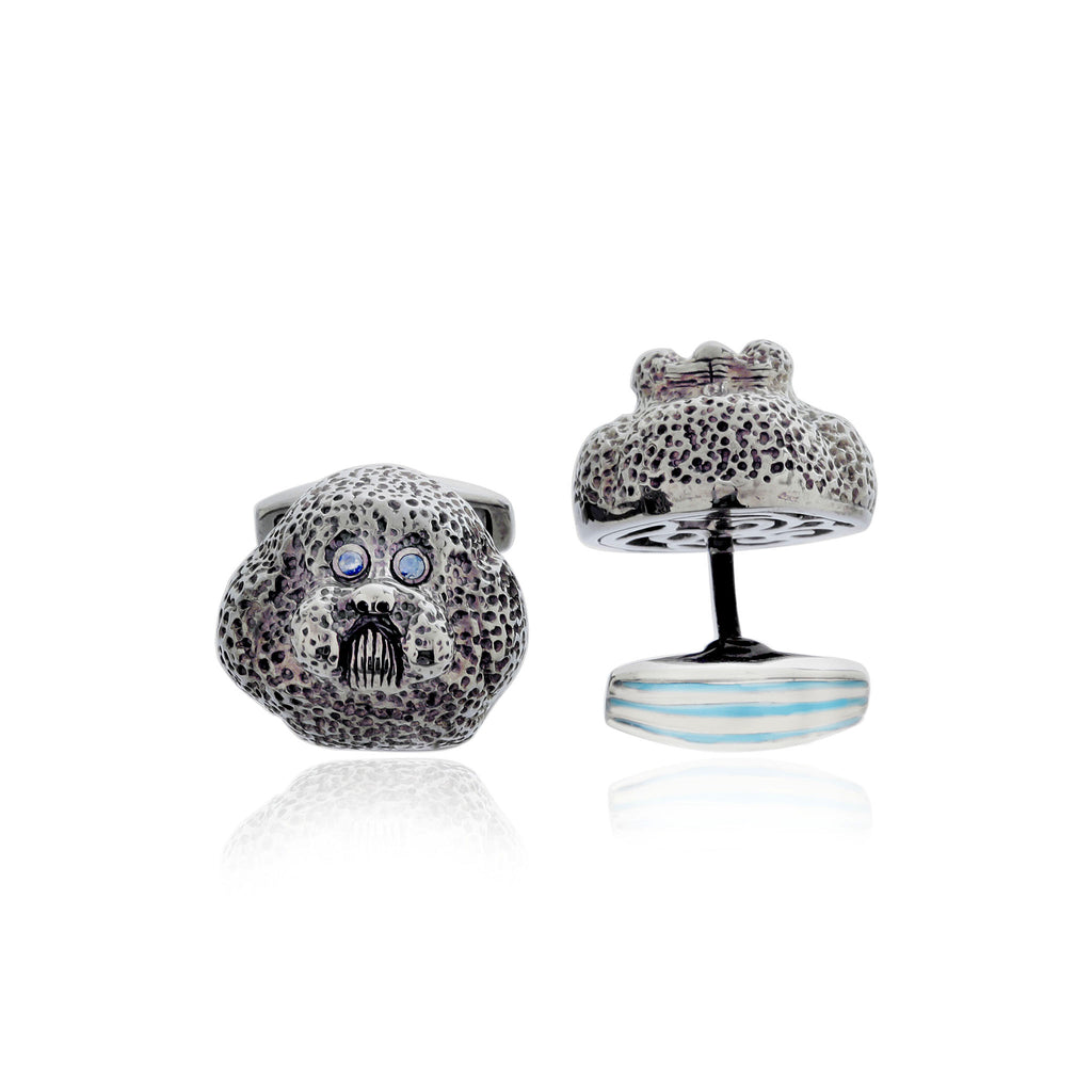 MCL Design Dog Cufflinks with Morning Blue Enamel & Blue Sapphires