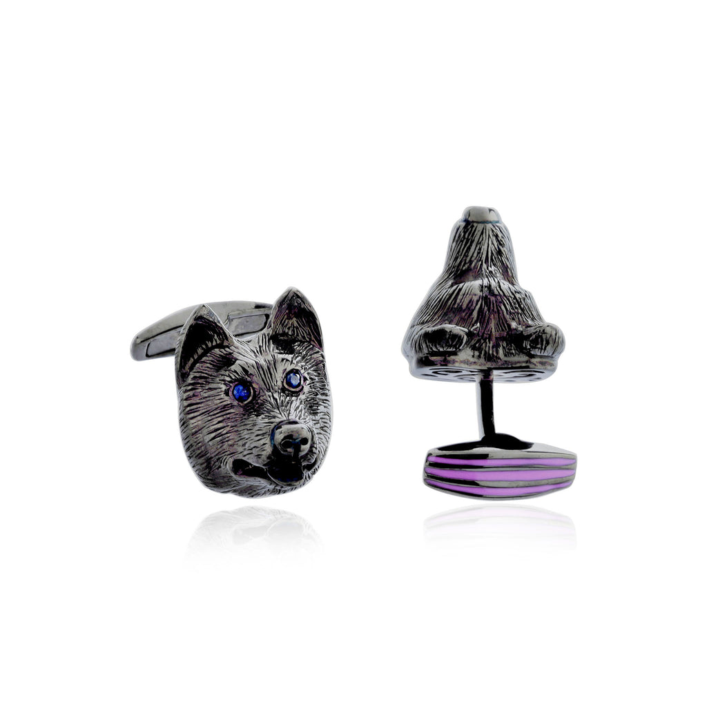 MCL Design Dog Cufflinks with Sweet Purple Enamel & Blue Sapphires