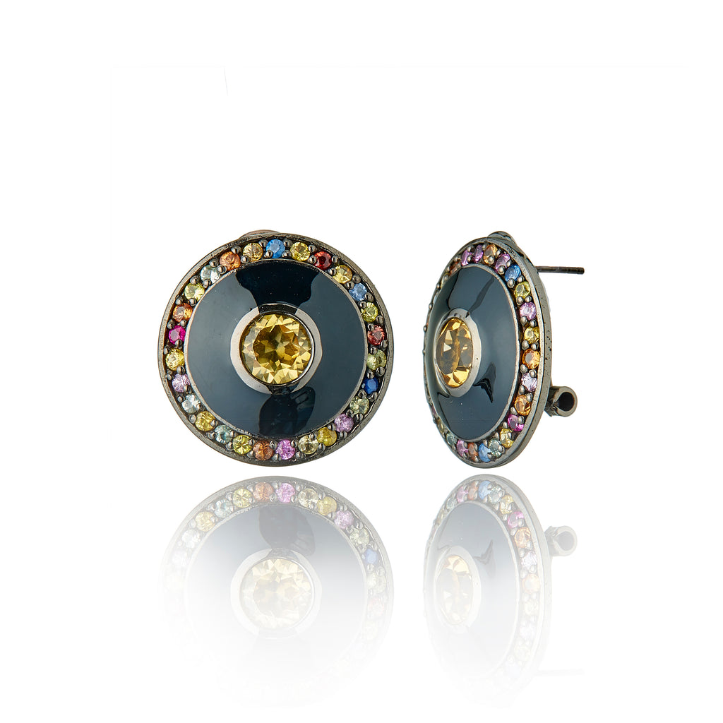 MCL Design Sterling Silver Button Earrings With Black Enamel, Mixed Sapphires & Citrine