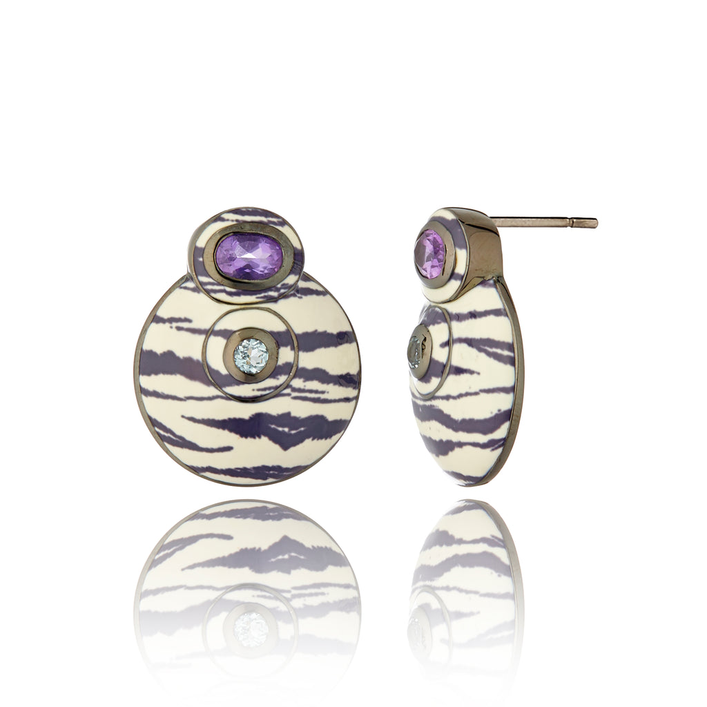 MCL Design Sterling Silver Retro Earrings with Zebra Enamel, Blue Topaz & Amethyst