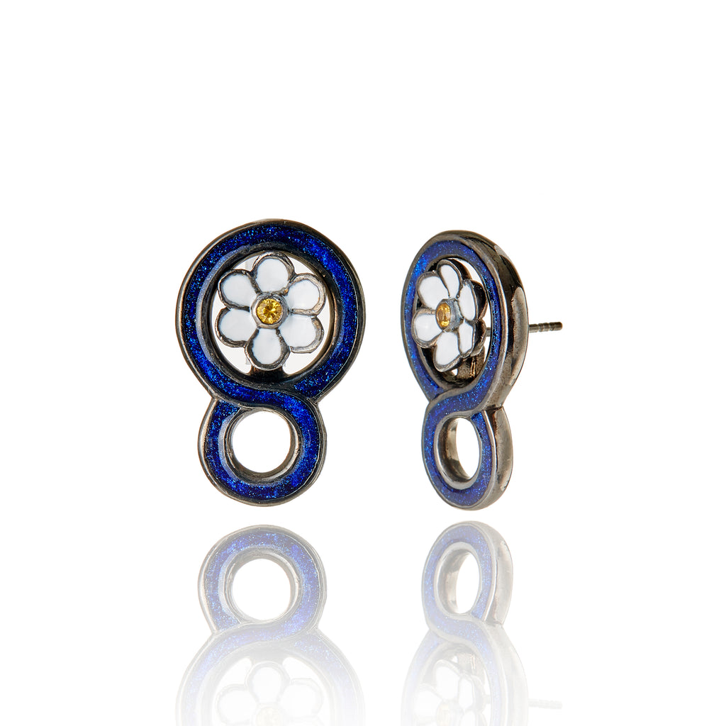 MCL Design Sterling Silver Flower Earrings with Navy Blue Glitter and White Enamels & Yellow Sapphires