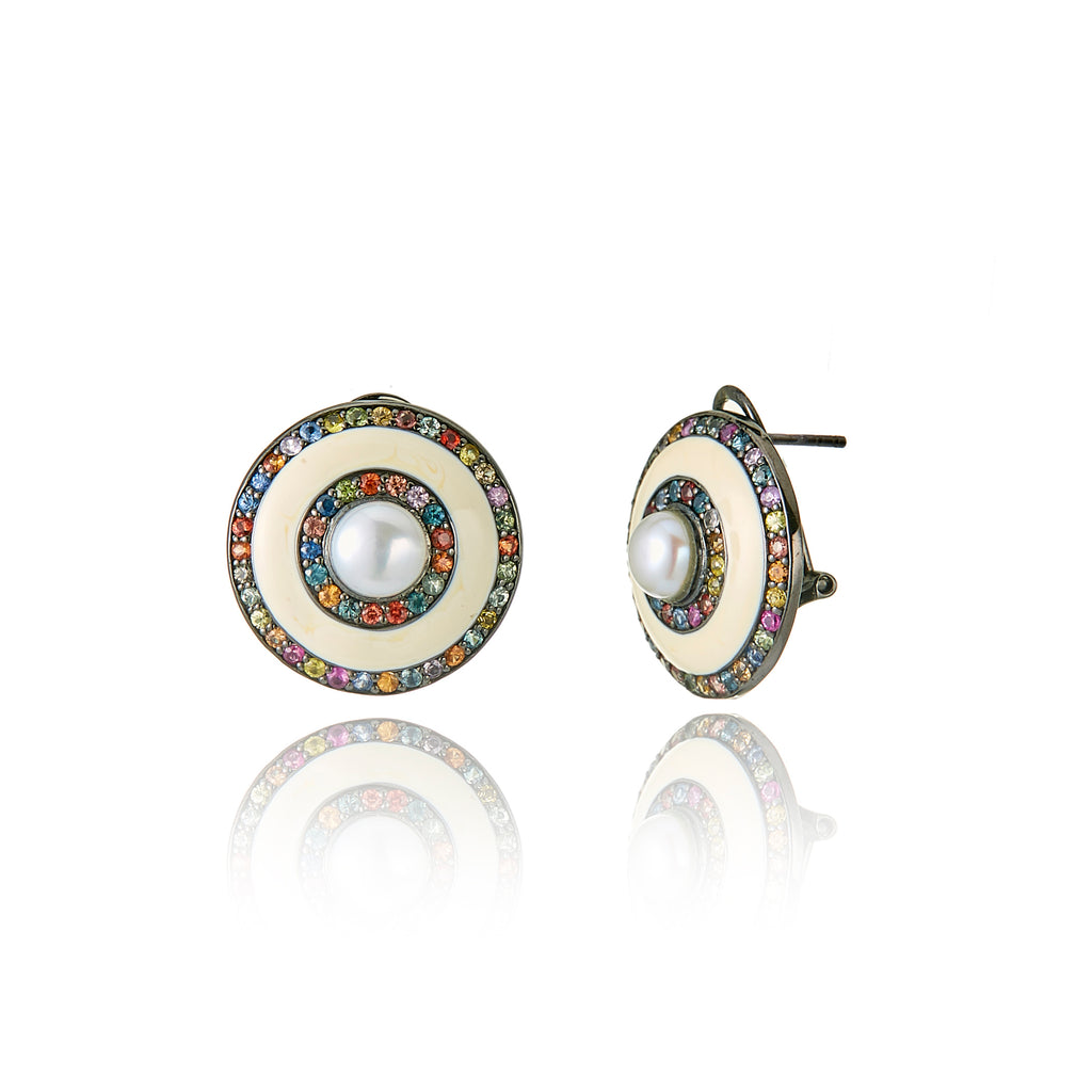 MCL Design Sterling Silver Button Earrings With White Enamel, Mixed Sapphires & White Pearls