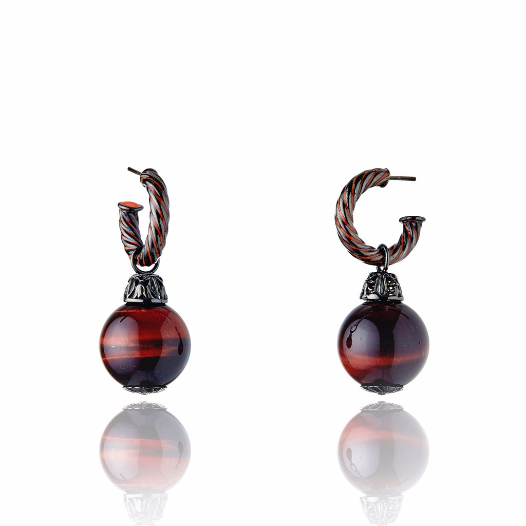 MCL Design Sterling Silver Drop Earrings with Dusty Orange Enamel & Red Tiger Eye Beads