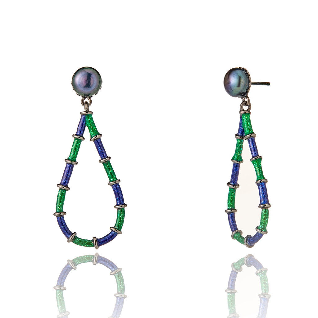 MCL Design Sterling Silver Drop Earrings with Dark Blue Oil Enamel, Forest Green Glitter Enamel & Black Pearls