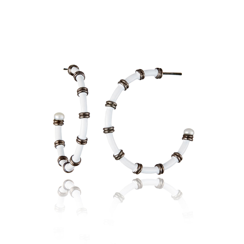 Sterling Silver Hoop Earrings with White Enamel & White Pearls