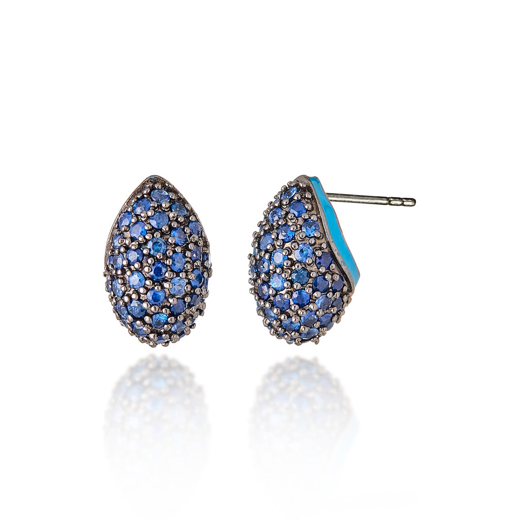 Sterling Silver Stud Earrings With Midday Blue Enamel & Blue Sapphires