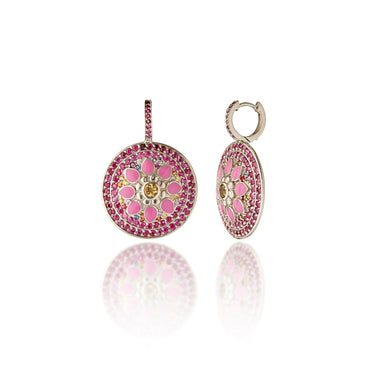 MCL Design White Rhodium Plated Sterling Hoop Earrings With Sweet Purple Enamel Ruby And Citrine