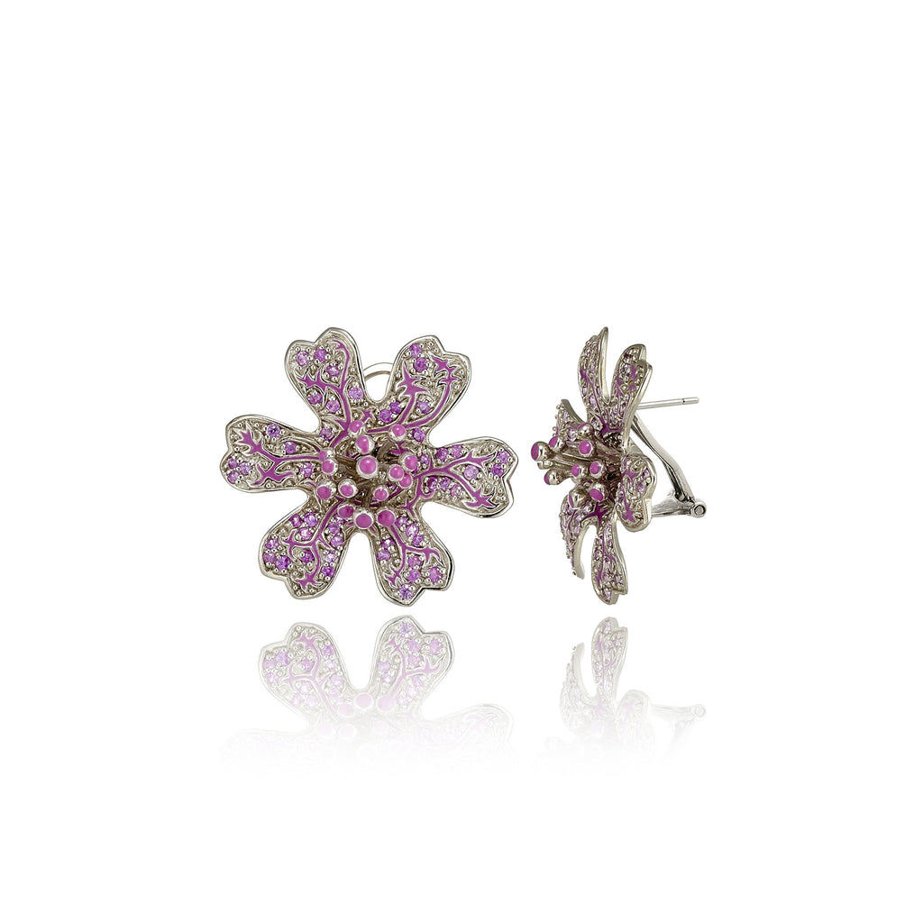 MCL Design White Rhodium Plated Sterling Button Earrings With Light Lavender Enamel Pink Sapphire